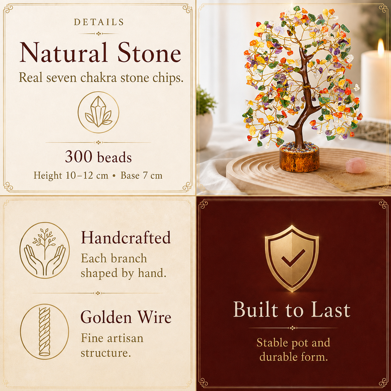 Mix Chakra Crystal Wooden Tree with Golden Wire