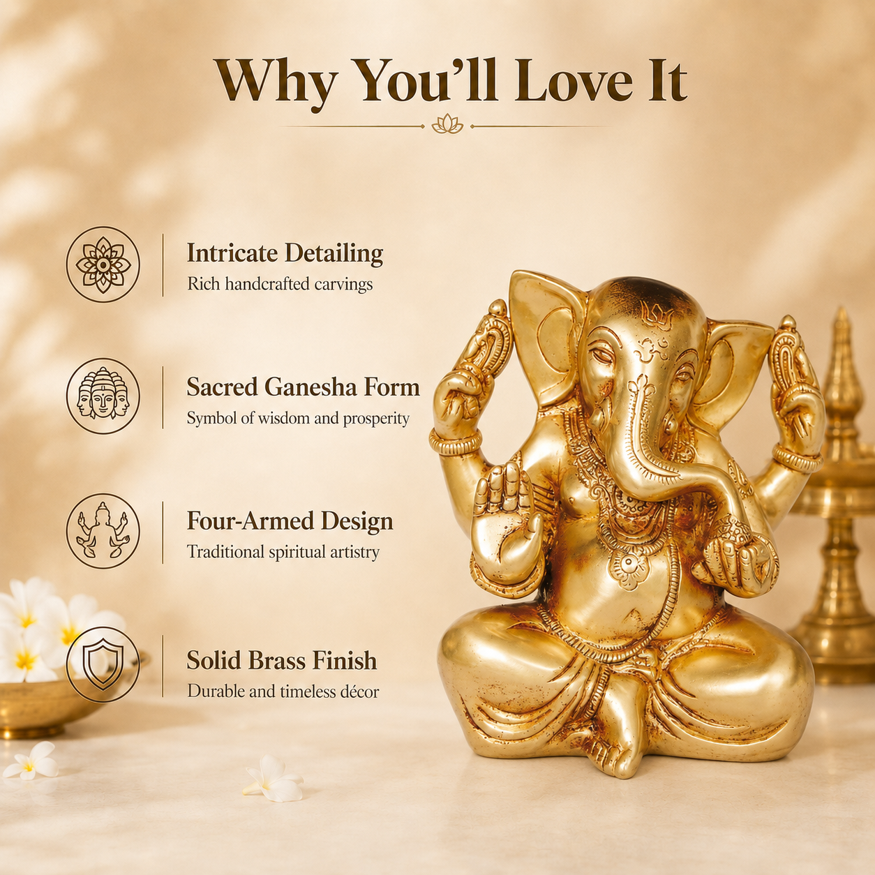 Brass Ganesha Idol - 8 inch