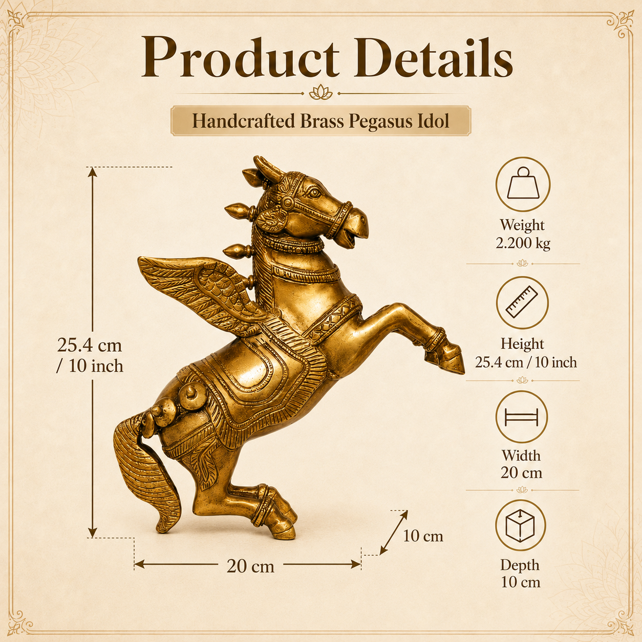 10 Inch Brass Pegasus Winged Horse Idol