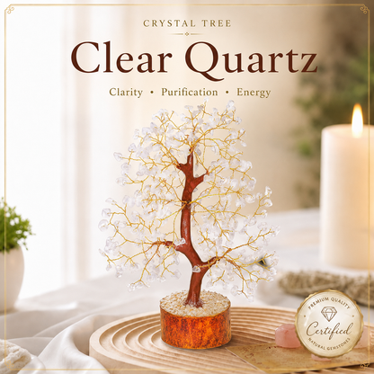 Buy Clear Quartz Crystal Wooden Tree With Golden Wire