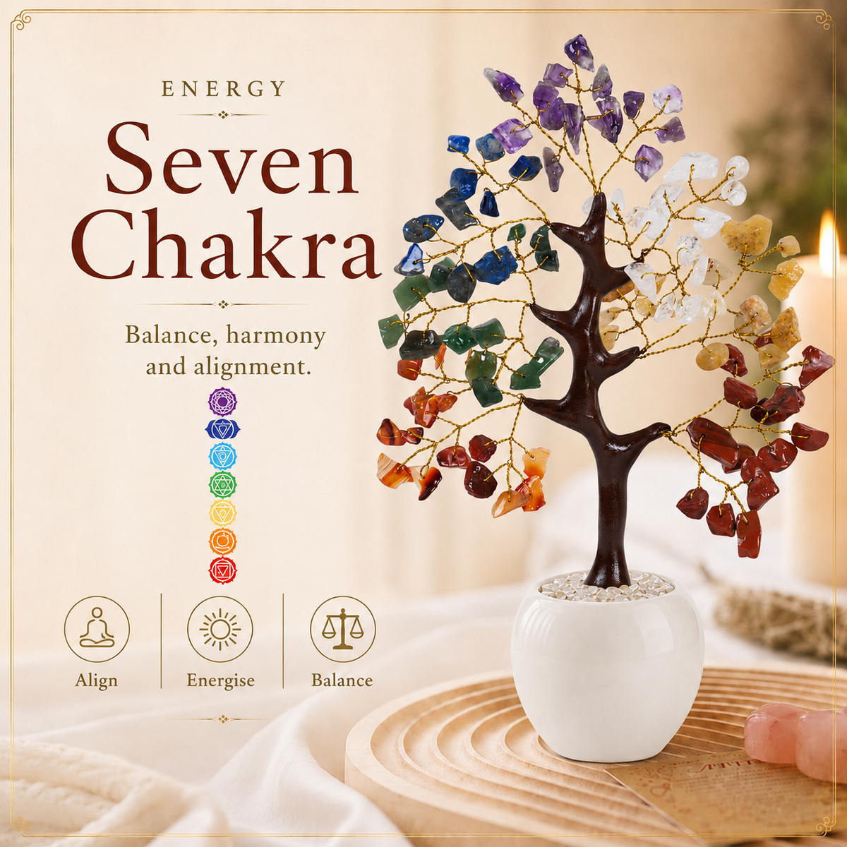 Seven Chakra Crystal Stone Tree - Perfect For Healing and Meditation
