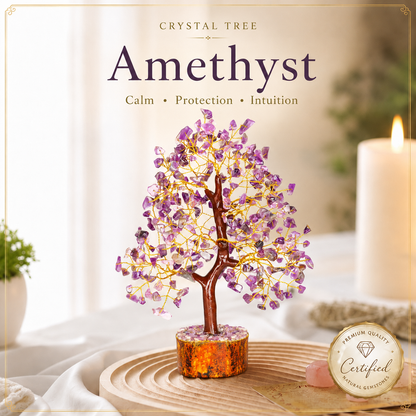 Amethyst Crystal Wooden Tree With Golden Wire