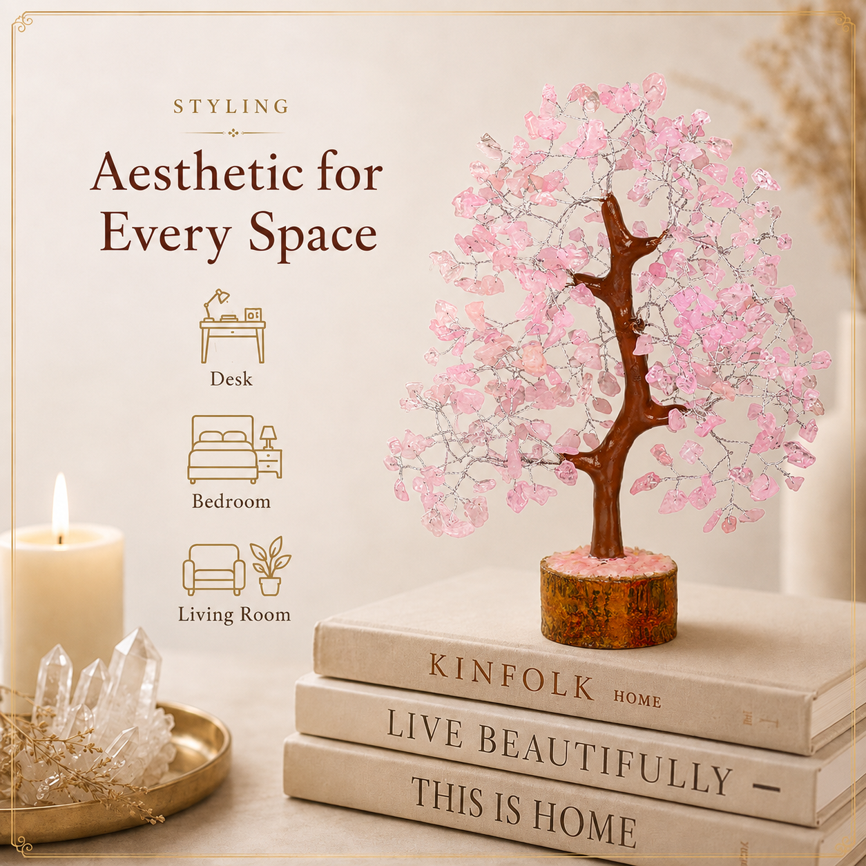 Buy Rose Quartz Crystal Wooden Tree With Silver Wire