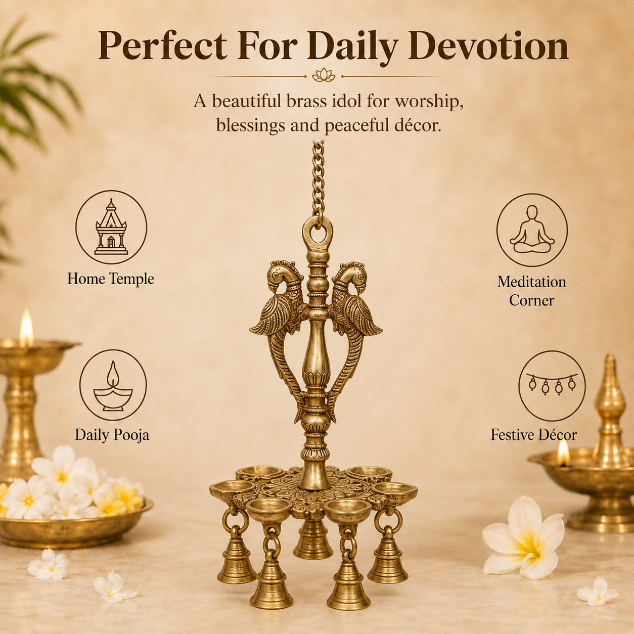 Handcrafted Brass Hanging Diya with Birds & Bells