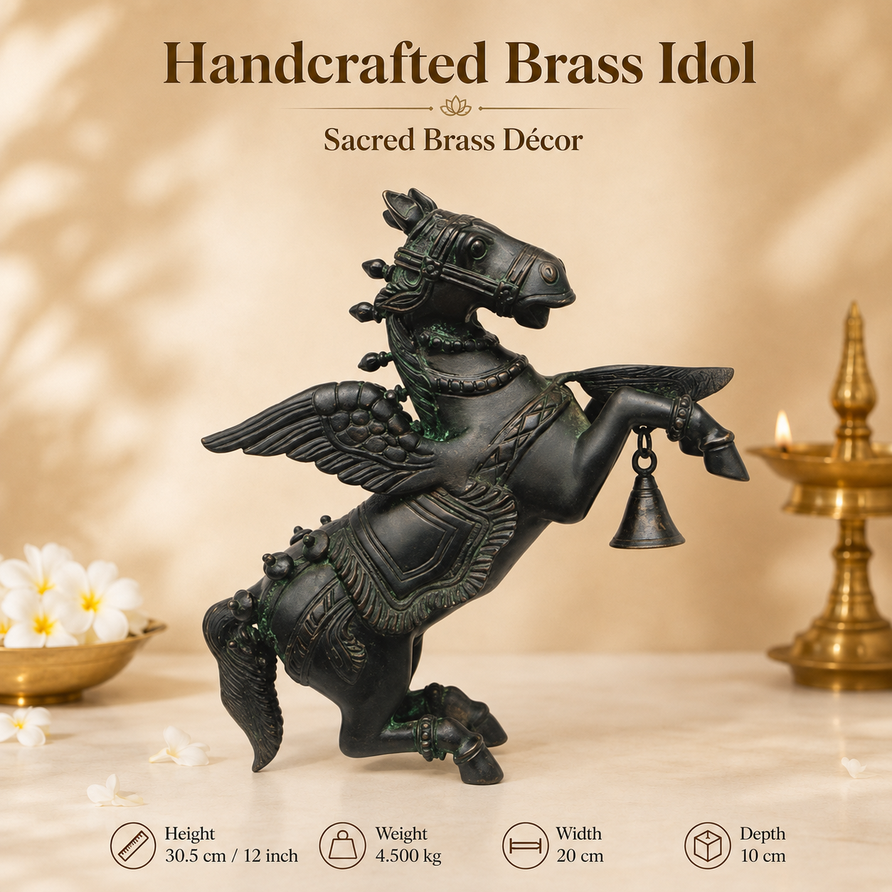 Handcrafted Brass Winged Horse Idol with Hanging Bell