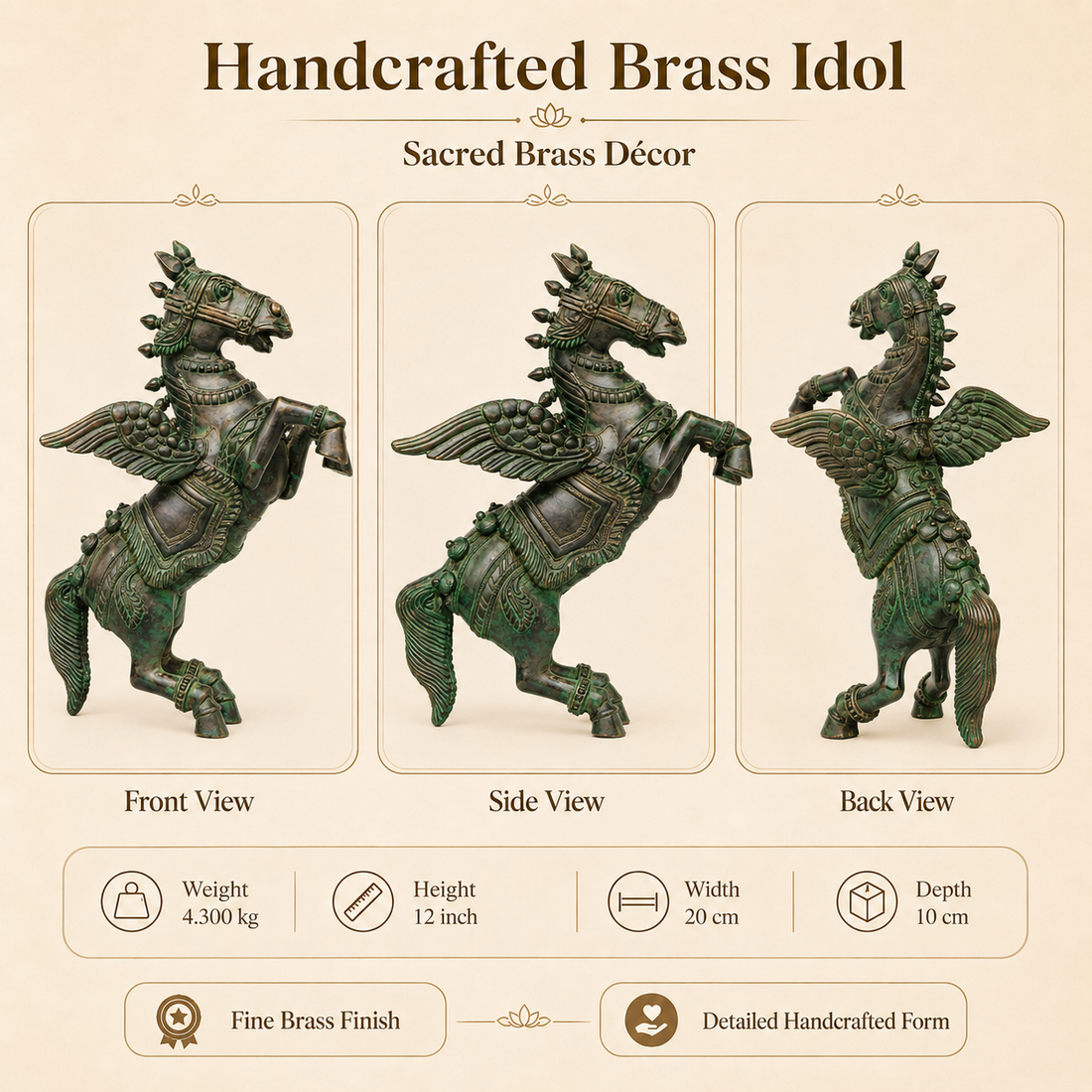 Handcrafted Brass Winged Horse Idol – 12 Inch