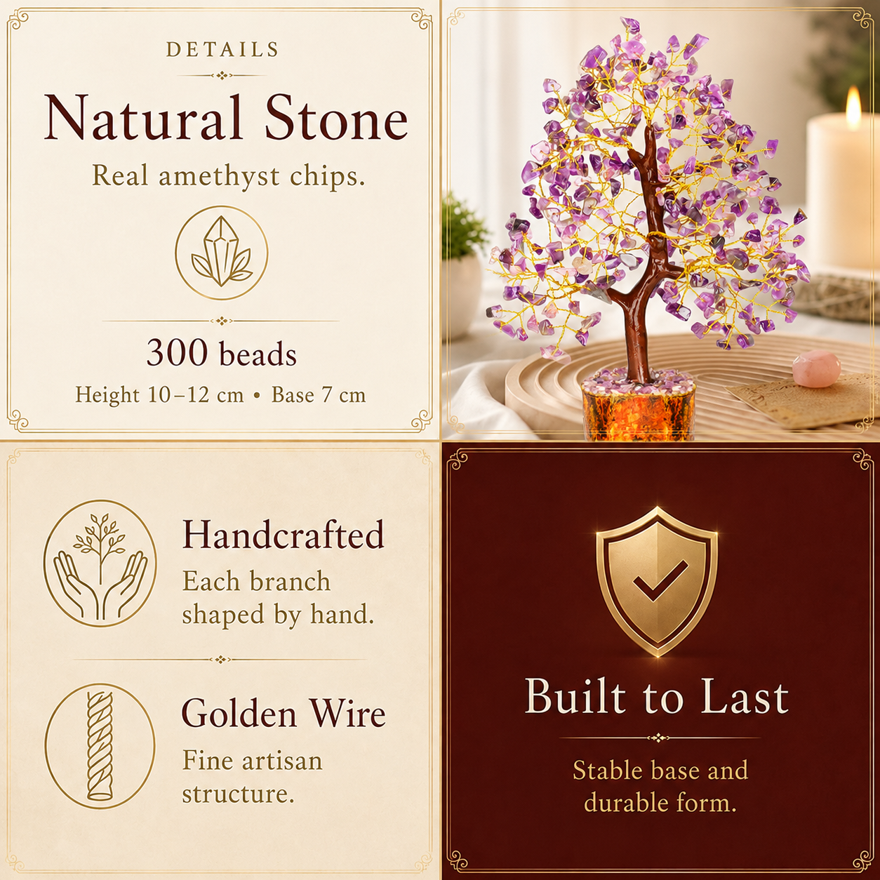 Amethyst Crystal Wooden Tree With Golden Wire