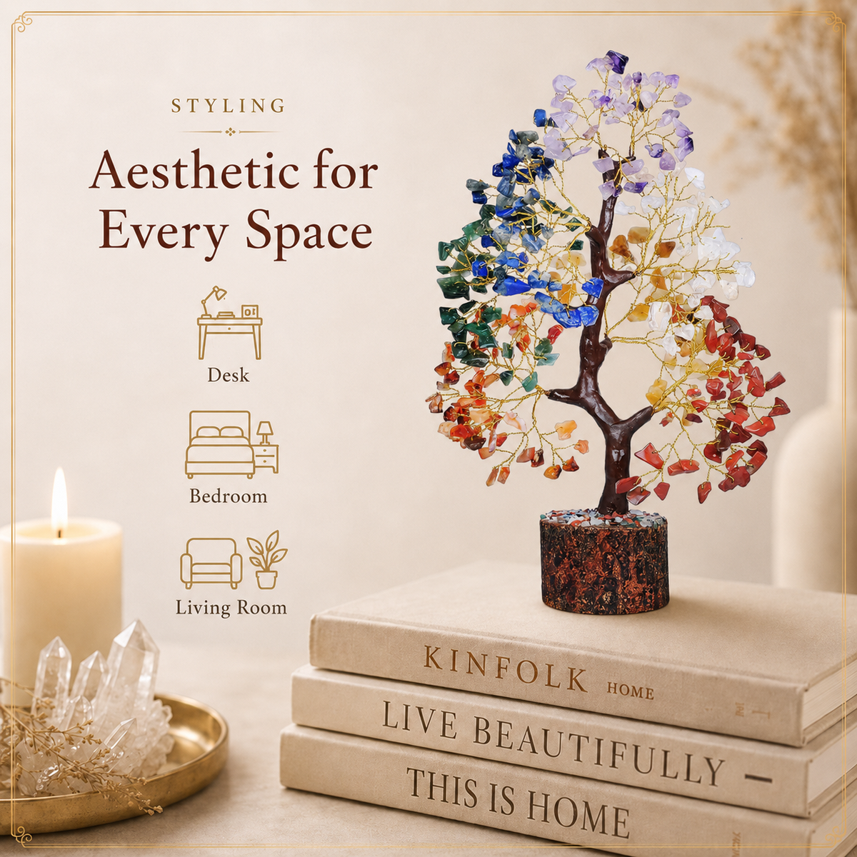 Shop Seven Chakra Crystal Wooden Tree With Golden Wire