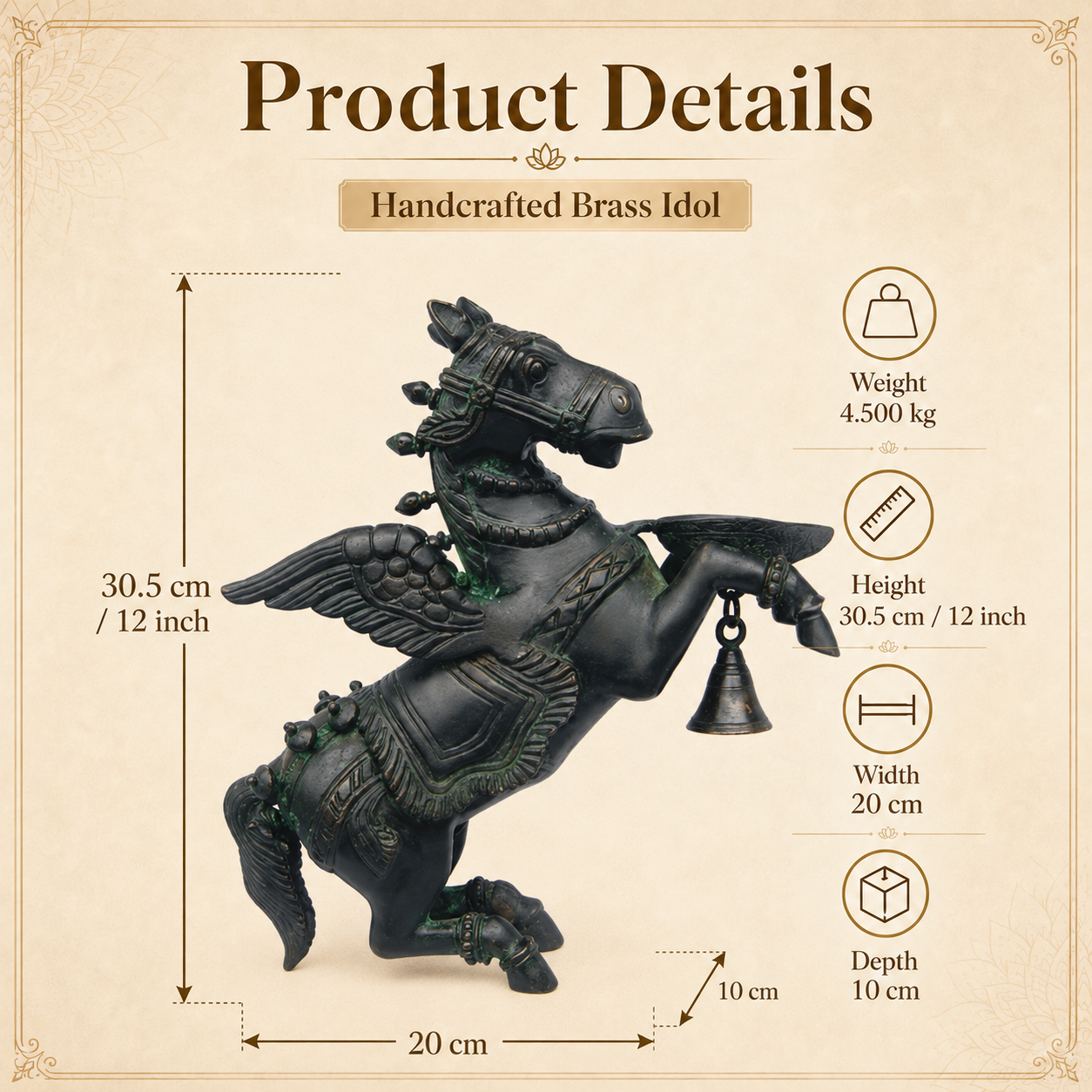 Handcrafted Brass Winged Horse Idol with Hanging Bell