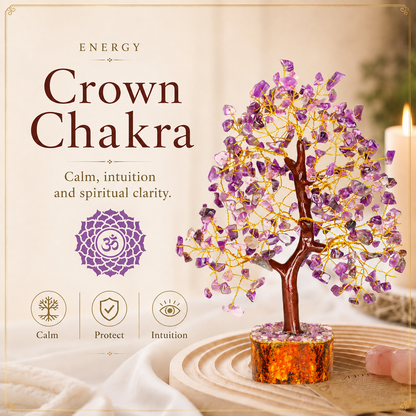 Amethyst Crystal Wooden Tree With Golden Wire