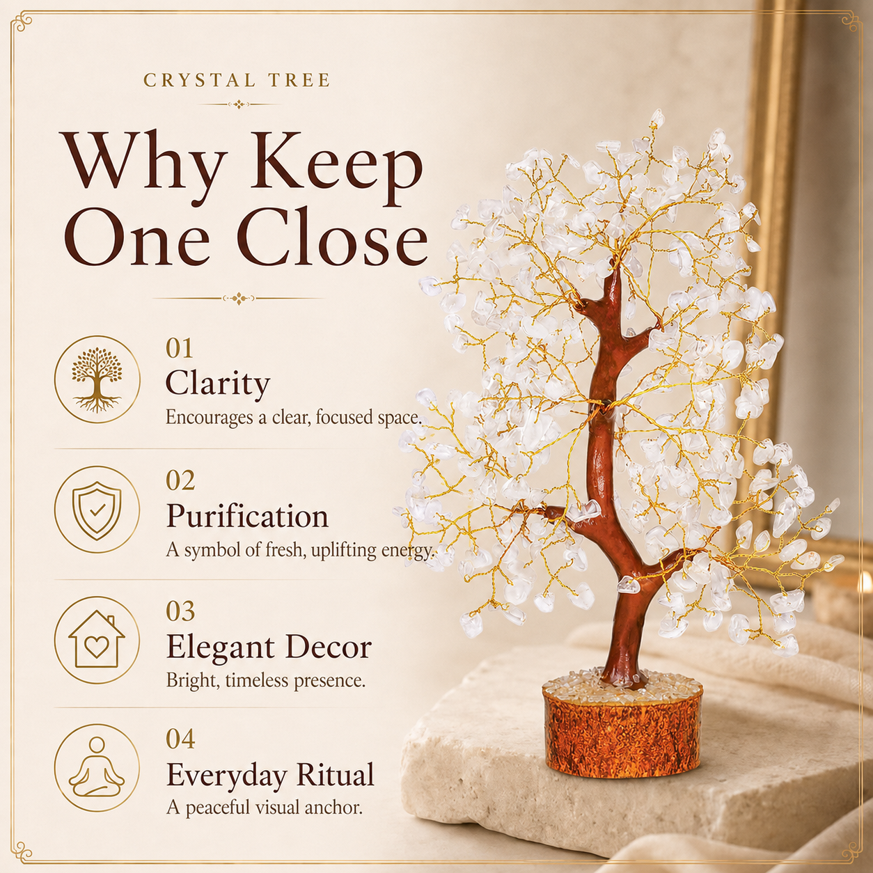 Buy Clear Quartz Crystal Wooden Tree With Golden Wire