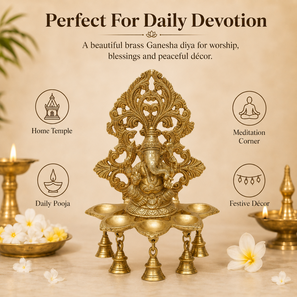 Handcrafted Brass Ganesha Diya with Hanging Bells