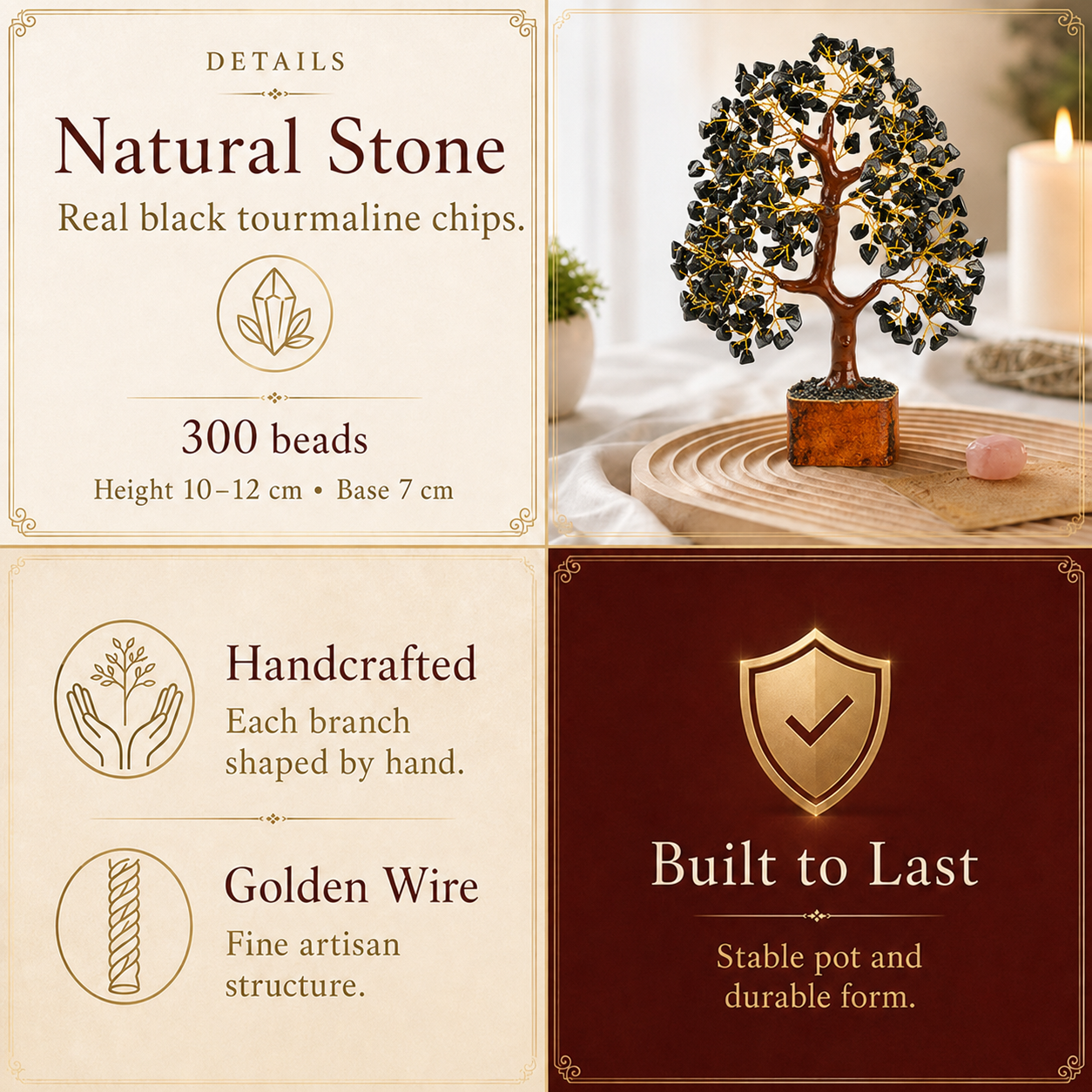 Black Tourmaline Wooden Tree With Golden Wire