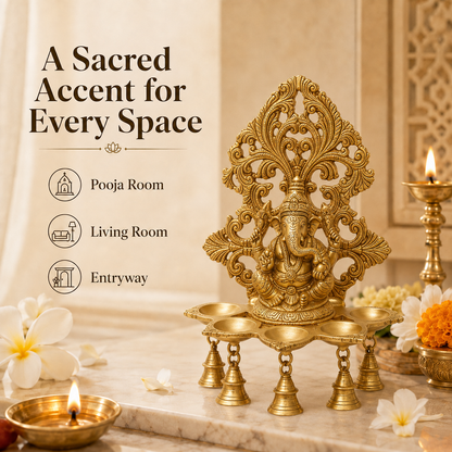 Handcrafted Brass Ganesha Diya with Hanging Bells