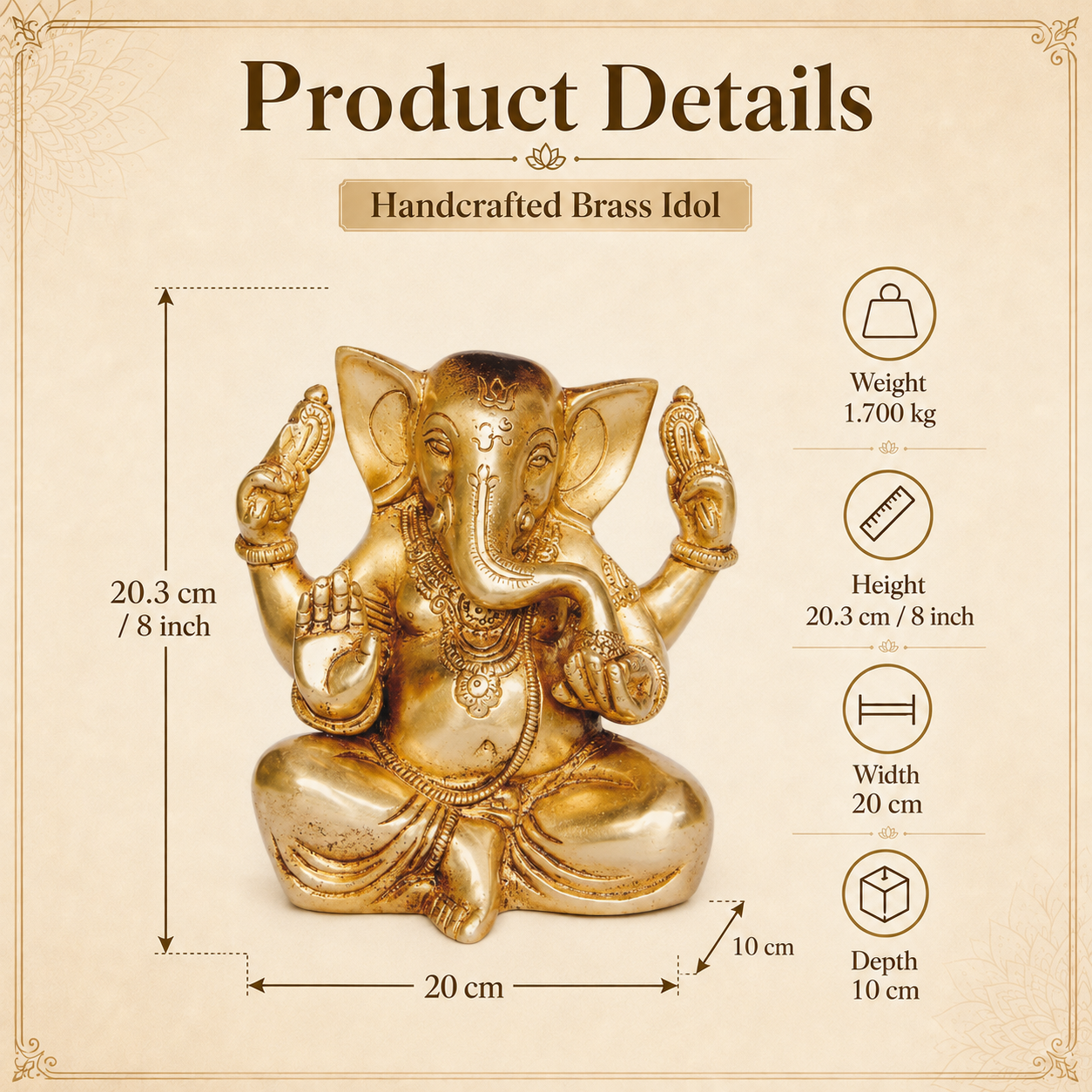 Brass Ganesha Idol - 8 inch