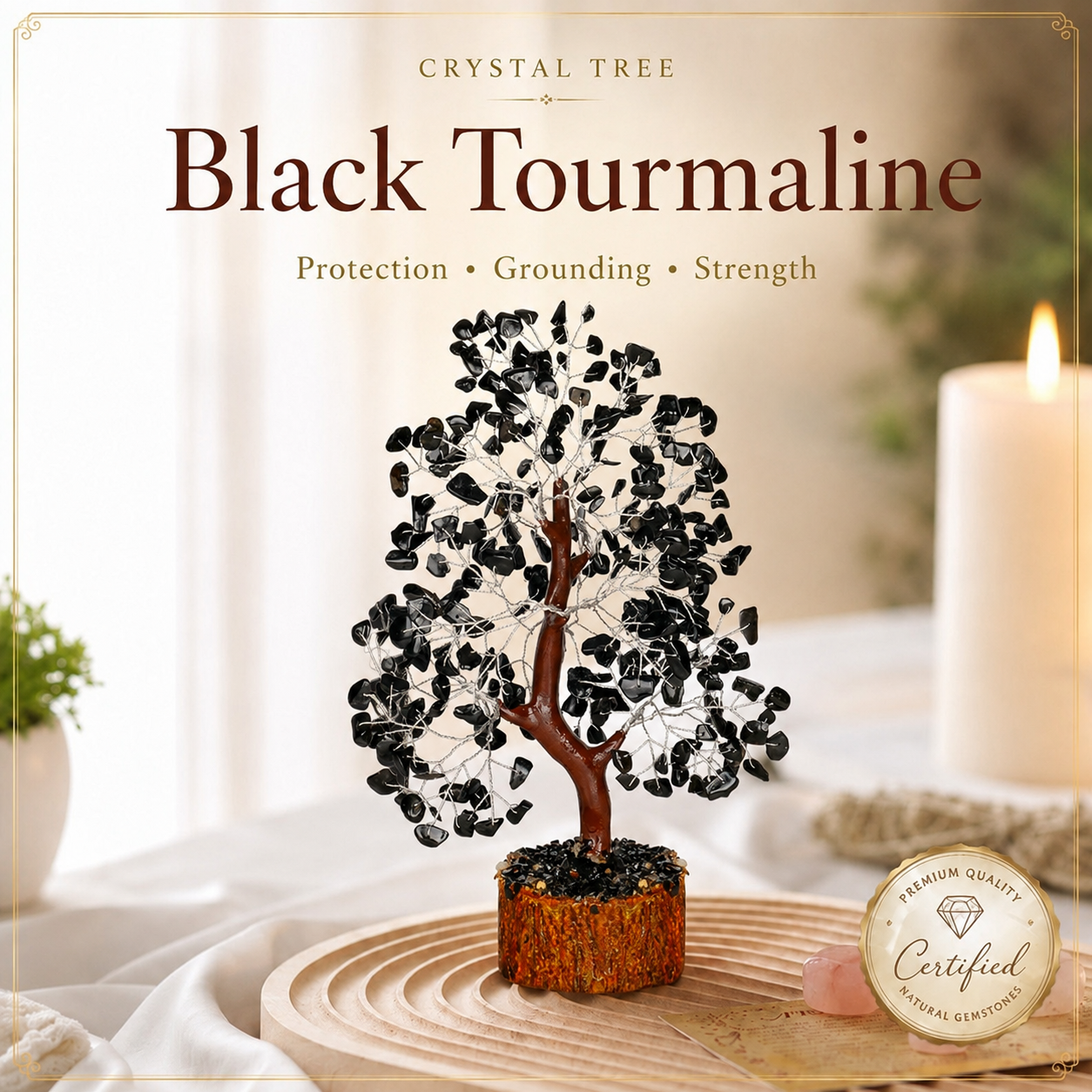 Black Tourmaline Crystal Wooden Tree With Silver Wire