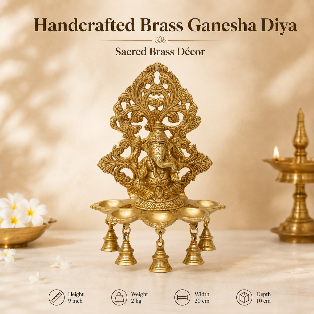 Handcrafted Brass Ganesha Diya with Hanging Bells