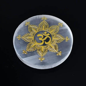 Selenite Charging Plate with Golden OM Symbol