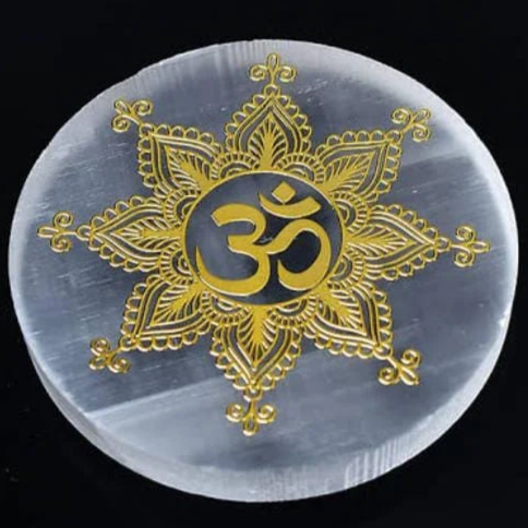 Selenite Charging Plate with Golden OM Symbol