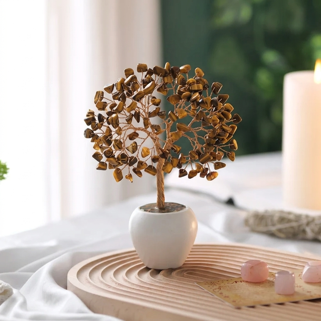 Tiger Eye Crystal Tree Decor – Natural Gemstone Bonsai Gift
